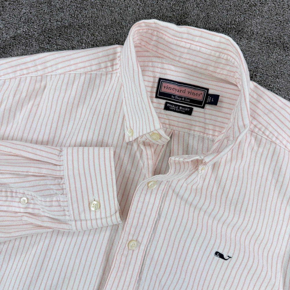 Vineyard Vines Mens Large Whale Shirt Red White Striped Button Down Cotton L